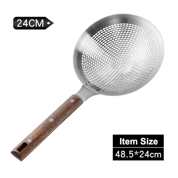 Extra Large 304 Stainless Steel Kitchen Mesh Strainer Skimmer with Sturdy Wooden Handle, Heavy-Duty Frying Strainer for Deep Frying, Boiling, Noodles, Pasta, Dumplings & Vegetables, Available in 22cm, 24cm, 26cm & 28cm Sizes 24cm