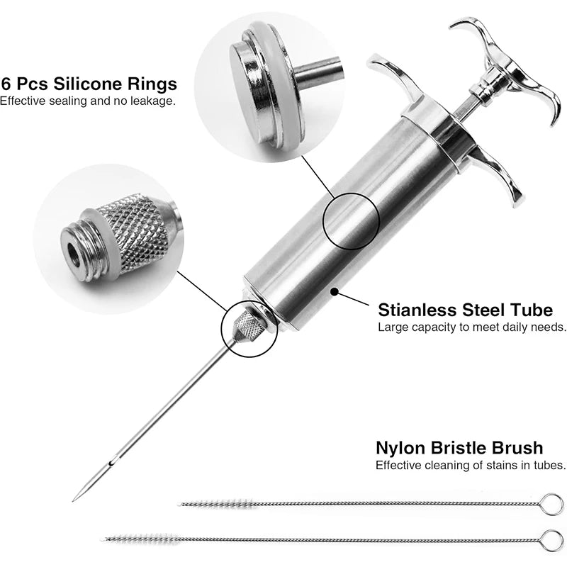 2oz Stainless Steel Meat Injector Syringe Kit with 3 Marinade Needles – Flavour Injector for Beef, Chicken & Turkey – Perfect for BBQ, Smoking & Roasting