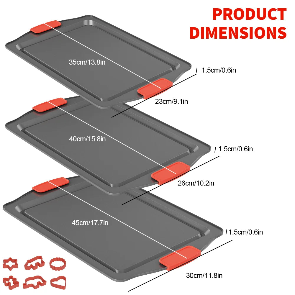 3 Piece Non-Stick Carbon Steel Baking Tray Set with Silicone Handles & Cookie Cutters – Best for Biscuits, Cakes & Roasting