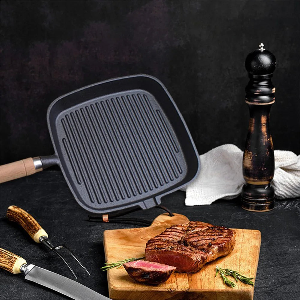 Cast Iron Skillet Frying Pan With Wooden Handle Uncoated Non Stick For Steak Camping Indoor Outdoor Use