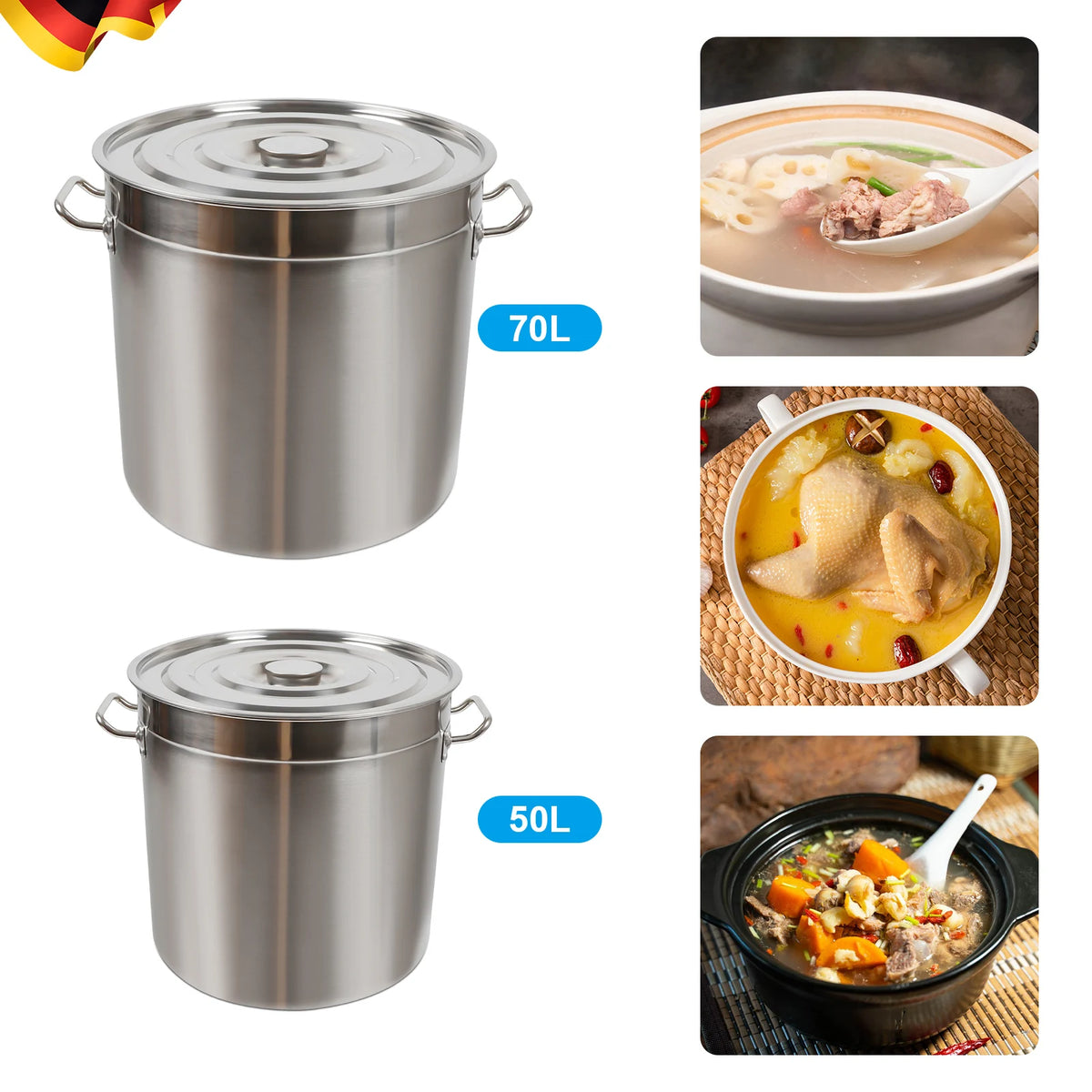 Extra Large Stainless Steel Stockpot with Lid – Commercial Soup & Cooking Pot for Catering – Ideal for Big Batches & Events – Available in 50L & 70L