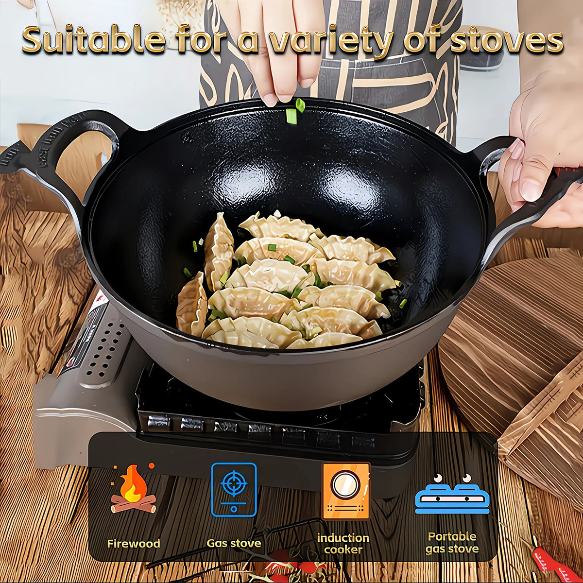 Cast Iron Wok with Double Handles – Traditional Handmade Uncoated Pre-Seasoned Stir-Fry Pot – Best for Stir-Fries, Stews & Campfire Cooking (27cm)