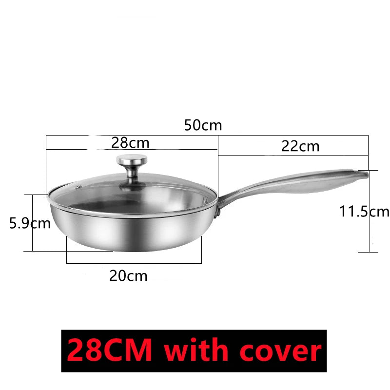 304 Stainless Steel Frying Pan with Glass Lid & Long Handle – Durable Skillet for Searing, Sautéing, Stir-Frying, Simmering & Pan-Frying Daily Meals – Suitable for Gas, Electric & Induction Cooktops – Available in 22cm, 24cm, 26cm & 28cm