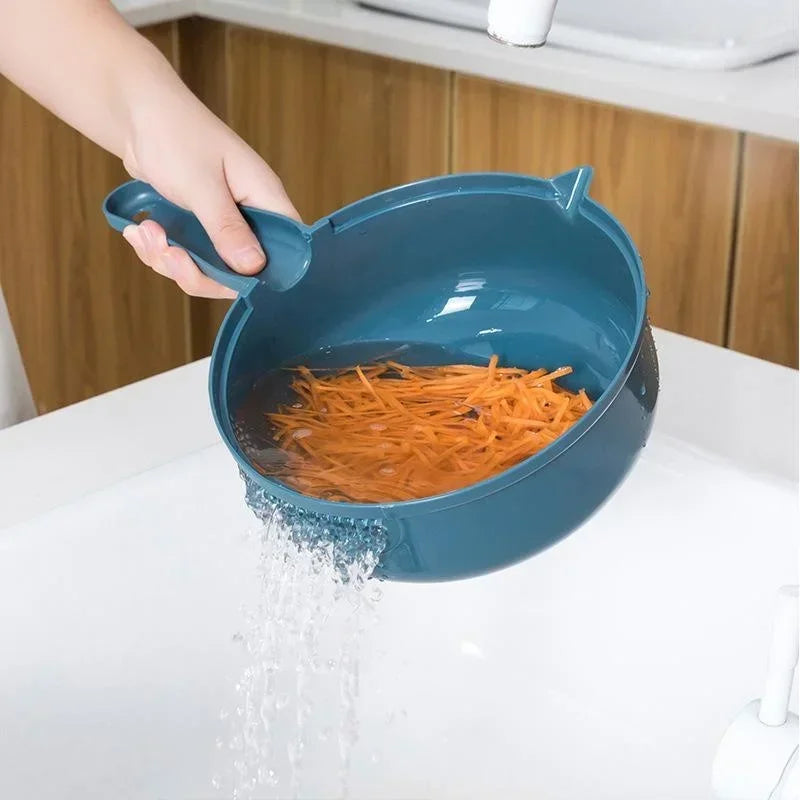 Vegetable Cutter with Drain Basket – Multi-Purpose Potato, Carrot & Cheese Slicer – Perfect for Chopping, Grating & Washing Produce