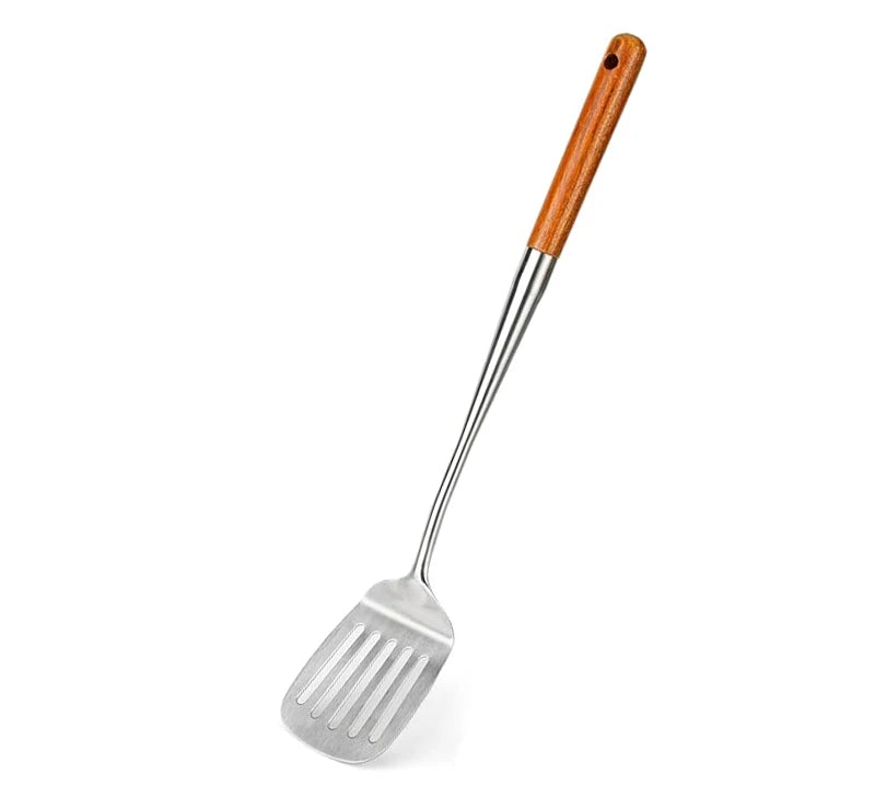 Stainless Steel Wok Spatula & Ladle Set with Wooden Handles – Skimmer, Slotted Turner & Cooking Utensils – Great for Stir-Fries, Soups & Frying – Available as a 4-Piece Set or Singles