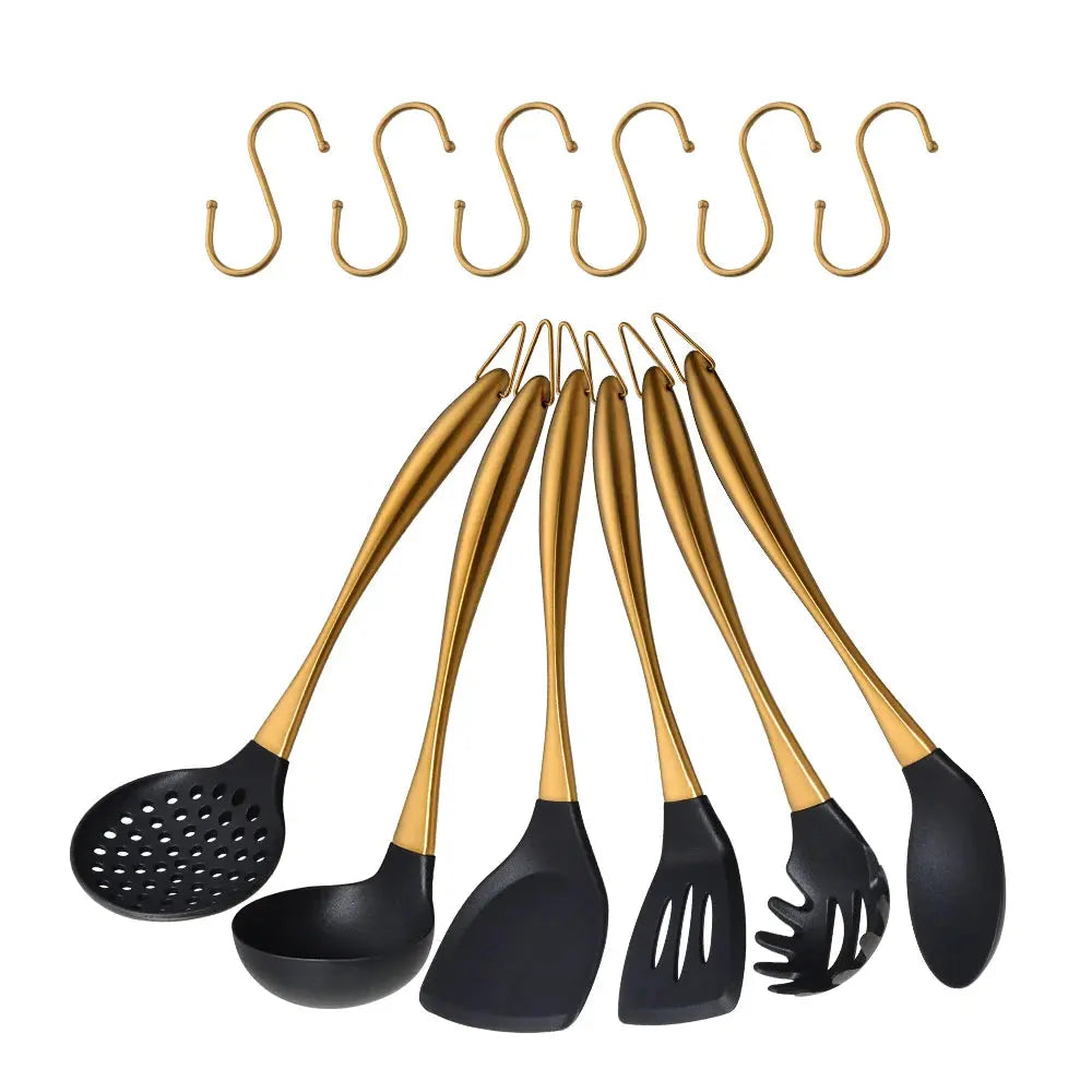 7-Piece Silicone Utensil Set with Golden Stainless Steel Handles - Cooking Utensil Set