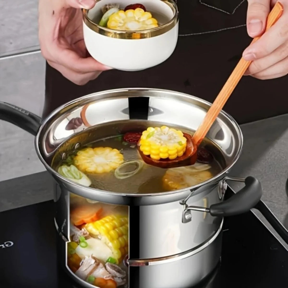 4 Piece Non-Stick Chip Pan with Frying Basket, Lid & Steamer Rack – Deep Fat Fryer Pot for Chips & Noodles – Ideal for Hob, Oven & Campfire