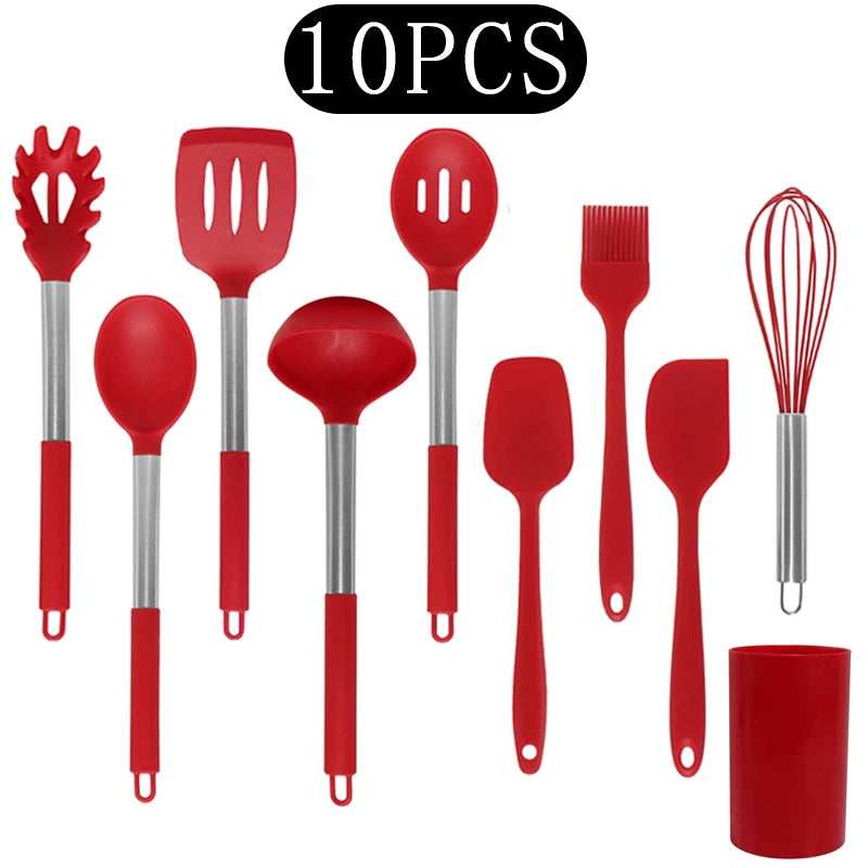 Silicone Kitchen Utensils Set with Stainless Steel Handles – Non-Stick, Heat-Resistant Cooking  Kitchen Utensils for Everyday Cooking & Baking, Available in 4 Colours & Multiple Set Sizes