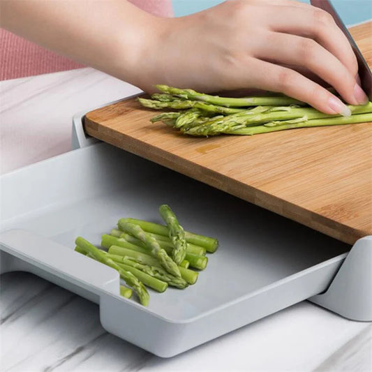 Multifunction Premium Bamboo Wooden Chopping Board – Effortless Cutting & Slicing with Convenient Sliding Plastic Pull-Out Tray – Perfect for Modern Kitchens