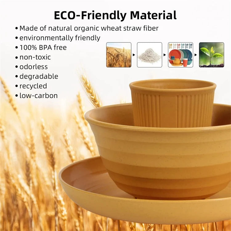 12 Piece Wheat Straw Dinnerware Set – Reusable Unbreakable Plates & Bowls – Perfect for Family Meals, Picnics & Camping