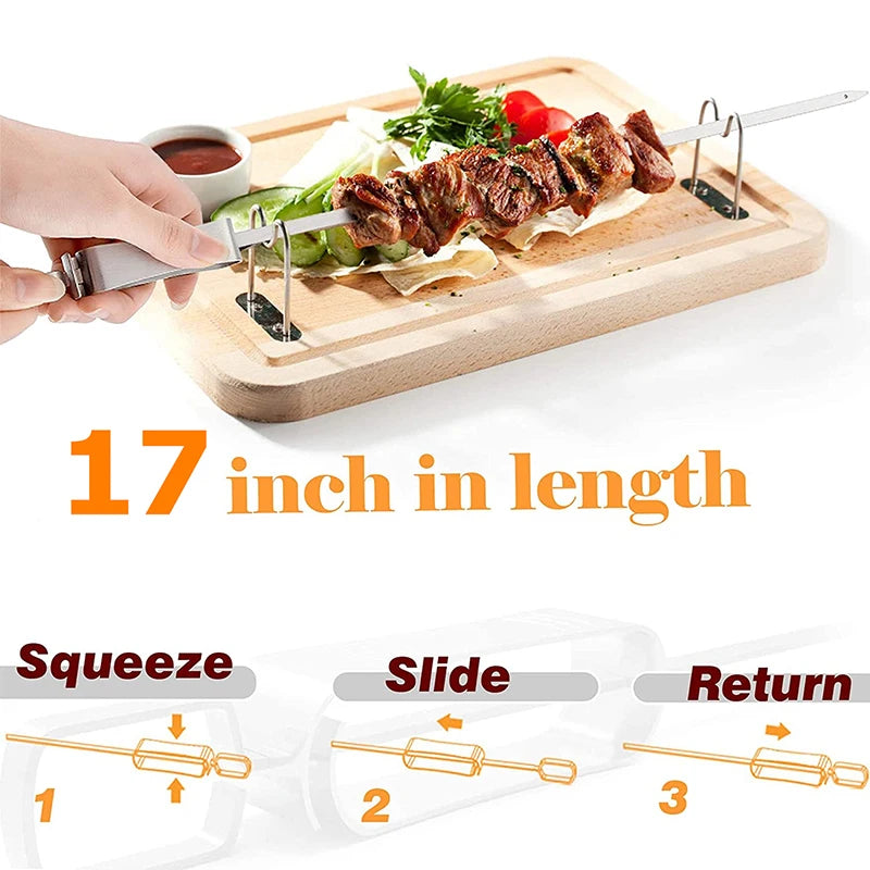 8 Pack Heavy-Duty Stainless Steel Kebab Skewers with Push Bar – Reusable BBQ Grill Skewer Sticks – Ideal for Kebabs, Halloumi & Vegetable Skewers – Available in 35cm, 41cm & 45.6cm