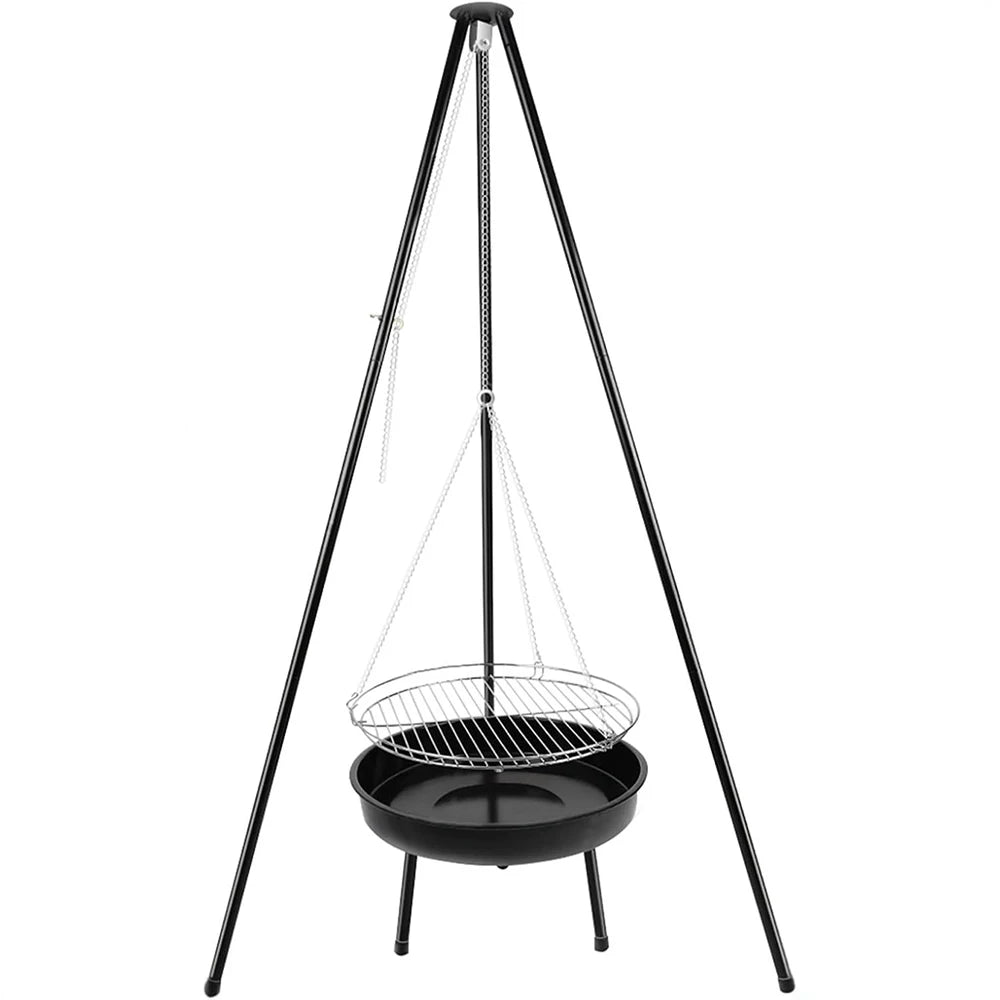 Campfire Tripod Grill with Barbecue Basin – Steel Camping Firepit Cooking Rack & Lantern Hanger – Best for Outdoor Cooking & Camping Black