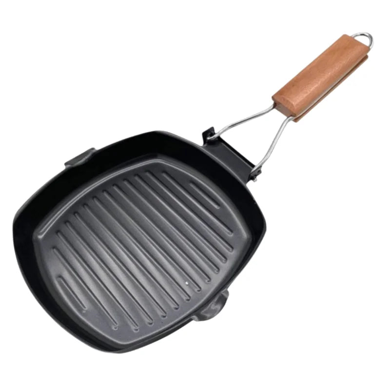 Foldable Cast Iron Frying Pan with Wooden Handle – Hand-Forged Uncoated Camping Skillet – Great for Steaks, Picnics & Outdoor BBQ – Available in 20cm, 24cm & 28cm