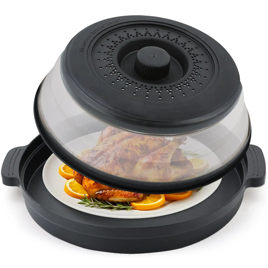 2-in-1 Collapsible Microwave Splatter Cover with Anti-Scald Base Mat – Foldable Splash Guard & Colander – Perfect for Even Reheating & Mess-Free Microwaves – Available in Grey, Black, Red & Blue Colours