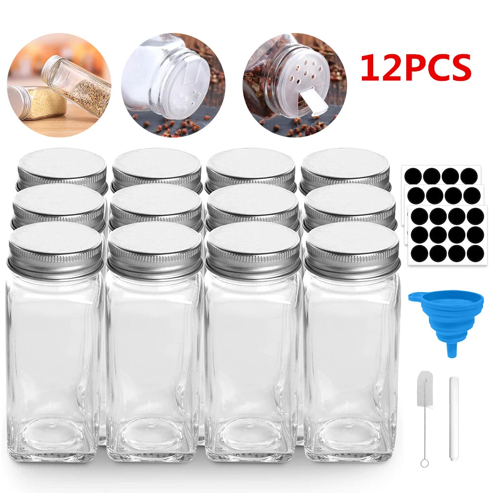 12 Piece Glass Spice Jars with Sealed Lids – 120ml Airtight Seasoning Bottles with Labels, Pour Spout & Brush – Ideal for Spice Drawers & Racks – Available in 12 Piece Set & 12 Piece Set