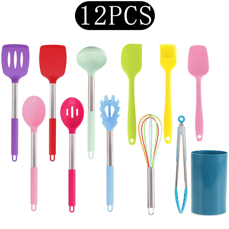 Silicone Kitchen Utensils Set with Stainless Steel Handles – Non-Stick, Heat-Resistant Cooking  Kitchen Utensils for Everyday Cooking & Baking, Available in 4 Colours & Multiple Set Sizes