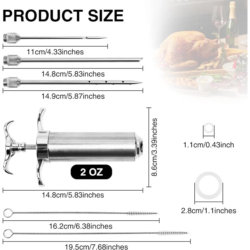 2oz Stainless Steel Meat Injector Syringe Kit with 3 Marinade Needles – Flavour Injector for Beef, Chicken & Turkey – Perfect for BBQ, Smoking & Roasting