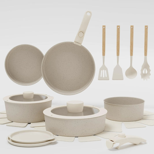19 Piece Stackable Non-Stick Cookware Set with Detachable Handles – PFAS, PFOA & PTFE Free Induction Pots & Pans – Perfect for Compact Kitchens – Available in Black & White Colours