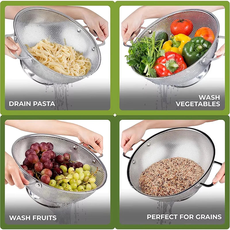 304 Stainless Steel Colander with Handles – Pasta Strainer Bowl – Ideal for Draining Pasta, Spaghetti, Vegetables & Fruit – Available in Small, Medium & Large