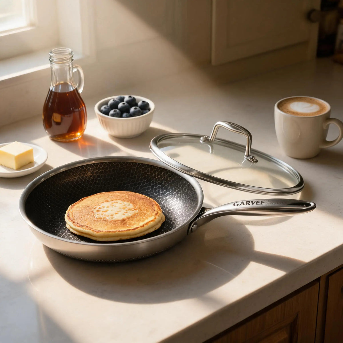 Honeycomb Tri-Ply Stainless Steel Non-Stick Frying Pan Set with Lids – 6 Piece Stackable Skillets 20cm, 25cm & 30cm – Great for Induction, Oven & Everyday Frying