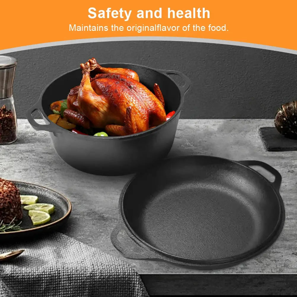Pre-Seasoned Cast Iron 2-in-1 Dutch Oven Pot & Skillet – Multi-Purpose Cookware Set with Dual Handles for Baking Bread, Frying, Stewing, Camping & BBQ