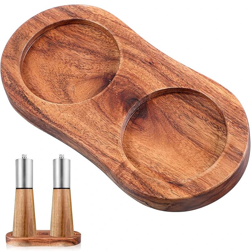 Acacia Wood Salt & Pepper Mill Tray – Grinder Stand & Holder – Best for Protecting Worktops & Dining Tables
