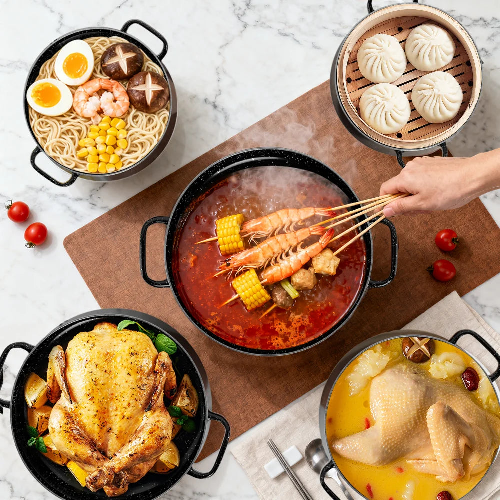 5 Piece Enamel Casserole Pot Set with Glass Lids – Stock Pots & Saucepans in 5 Sizes – Ideal for Stews, Soups & All Hobs