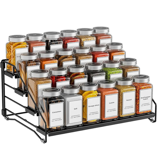 4 Tier Adjustable Spice Rack Organiser for Cabinets – Metal Spice Shelf & Seasoning Holder with Non-Slip Tiers – Ideal for Kitchen Cupboards & Worktops – Available in White & Black Colours