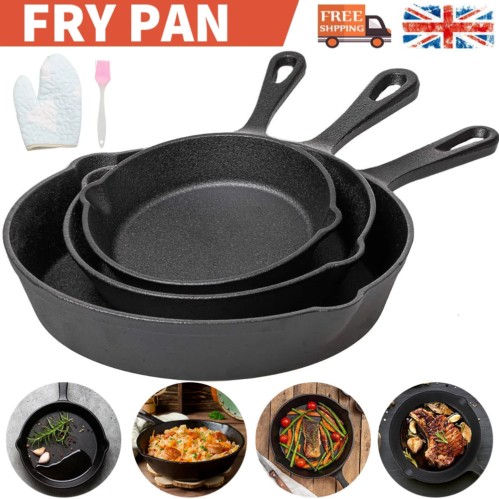 3 Piece Cast Iron Skillet Set with Oven Glove & Silicone Brush – Pre-Seasoned Frying Pans 16cm, 20cm & 26cm – Great for Searing, Baking & Oven Cooking