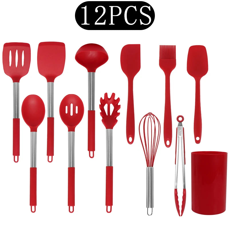 Silicone Kitchen Utensils Set with Stainless Steel Handles – Non-Stick, Heat-Resistant Cooking  Kitchen Utensils for Everyday Cooking & Baking, Available in 4 Colours & Multiple Set Sizes