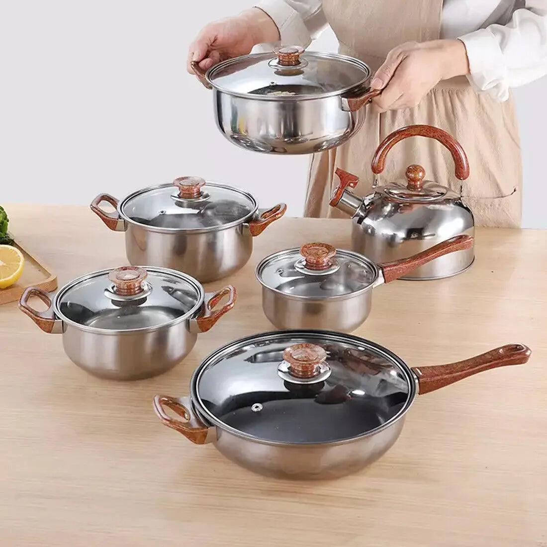 6 Piece Stainless Steel Cookware Set with Glass Lids & Wood-Effect Handles – Uncoated Mirror-Polished Pots & Pans – Best for Induction & Healthy Cooking