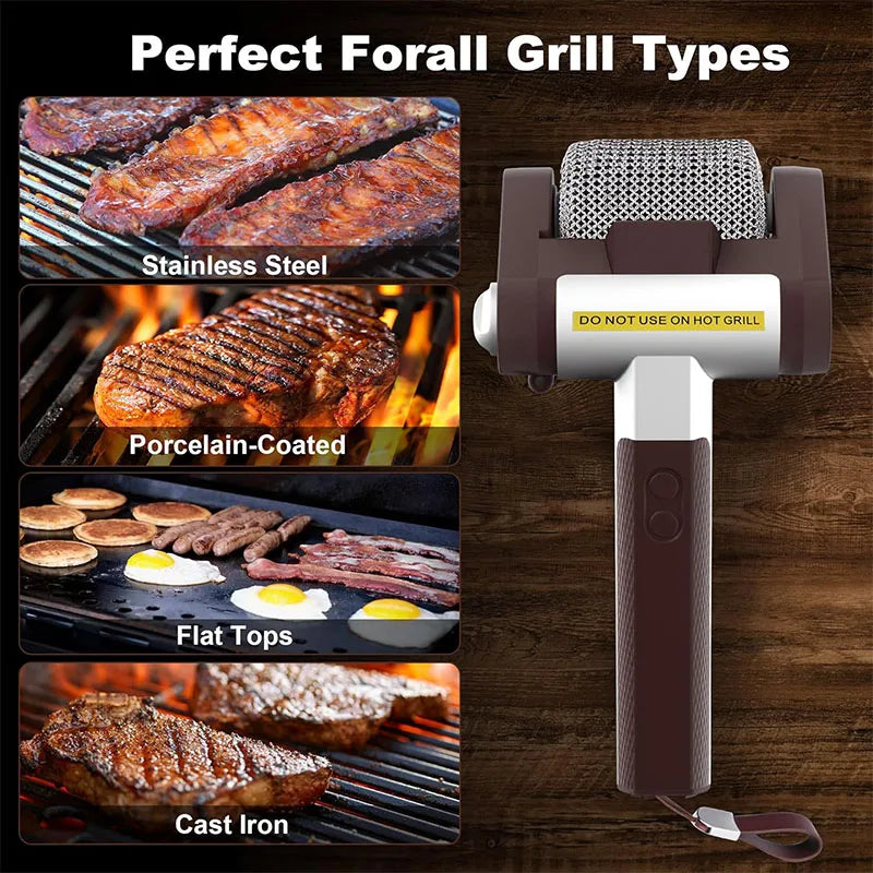 Bristle-Free Spinning Electric Grill Brush – Rechargeable BBQ Cleaner with 350 RPM Stainless Steel Roller – Great for Cleaning Grill Grates