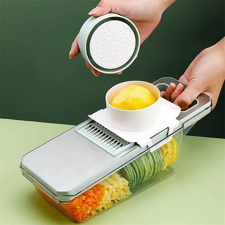 6 in 1 Mandoline Vegetable Slicer with 6 Interchangeable Stainless Steel Blades – Julienne Shredder & Veggie Slicer – Perfect for Salads & Meal Prep – Available in Light Green & Light Grey Colours