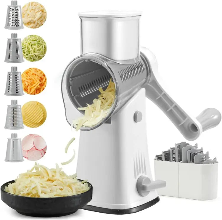 5-in-1 Rotary Cheese and Vegetable Grater with Handle and Suction Base – Multifunctional Interchangeable Rotating Drum Blades for Slicing, Shredding, and Grinding.(Available in Green, White, and Black Colours)