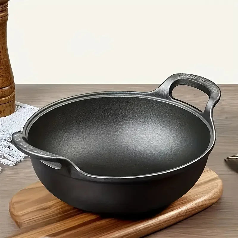 Cast Iron Wok with Dual Handles – Grilling Wok for Oven, Hob & BBQ – Great for Stir-Fries, Grilled Vegetables & Outdoor Cooking