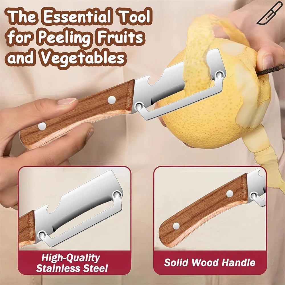 2 in 1 Stainless Steel Vegetable Peeler with Bottle Opener – Wooden Handle Potato, Carrot & Pumpkin Peeler – Great for Everyday Veg Prep