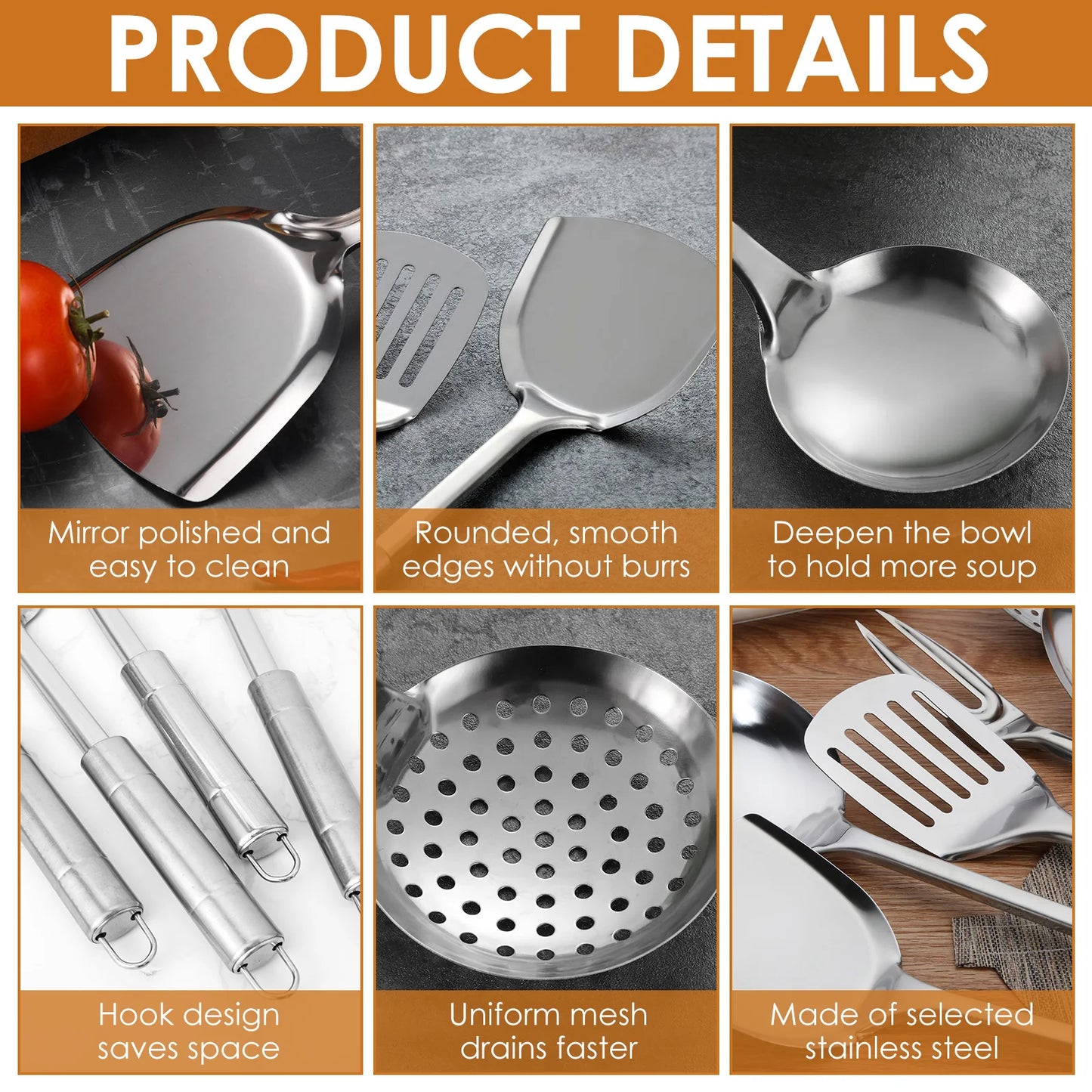 10-Piece Stainless Steel Cooking Utensils Set – Durable and Practical Cooking Utensil Set Featuring a Hanging Loop Design for Easy Storage and Organisation.
