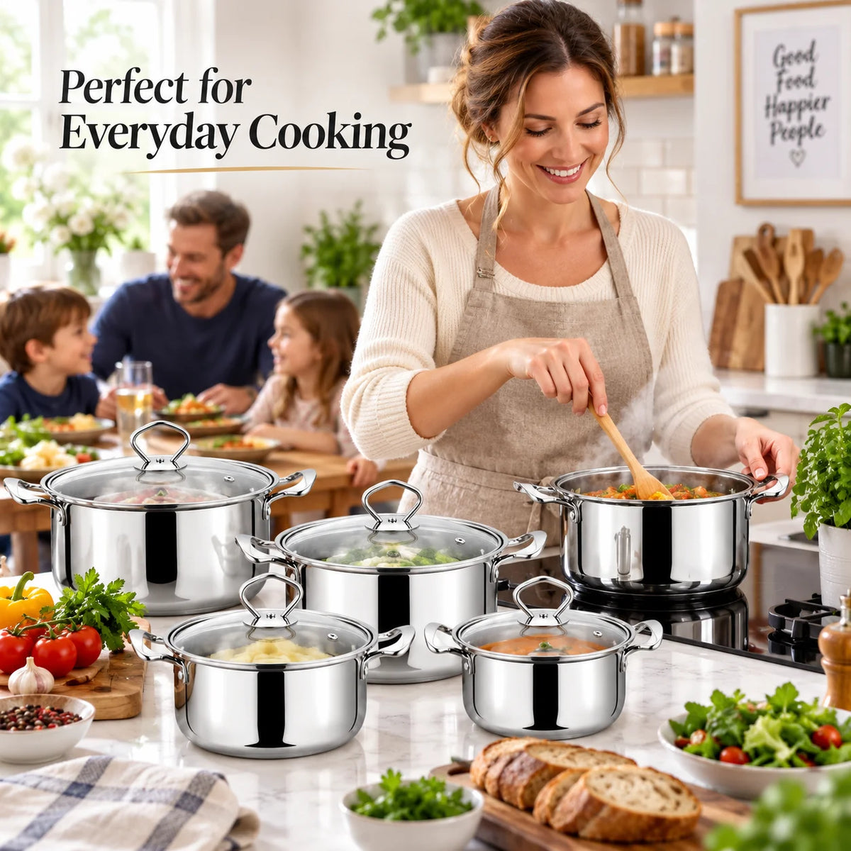 5 Piece Stainless Steel Pot Set with Sealed Glass Lids – Satin-Finish Induction Pots with Inner Scale – Perfect for Soups, Pasta & Vegetables