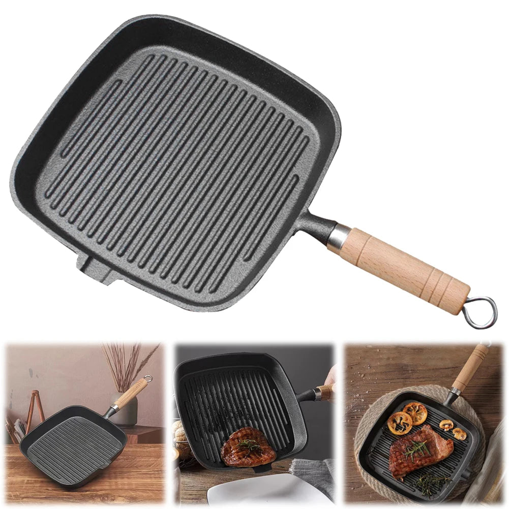 Iron Steak Pan with Folding Wooden Handle – Uncoated Skillet for Indoor & Outdoor Cooking – Perfect for Steaks, Fish & Crispy Vegetables