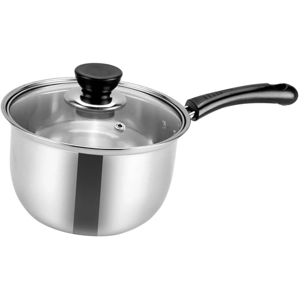 3 Piece Stainless Steel Milk Pan Set with Glass Lids & Gloves – Single Layer Saucepans – Great for Milk, Sauces & Gas Hobs