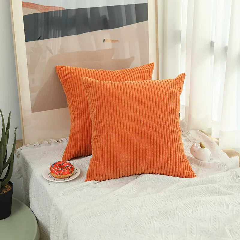 2 Piece Corduroy Striped Throw Pillow Cases 45x45cm – Soft Plush Decorative Cushion Covers – Great for Sofas, Beds & Living Rooms