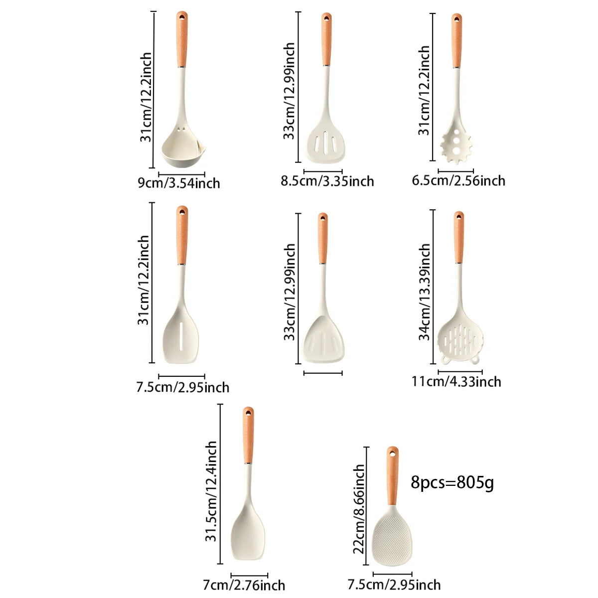 8-Piece Silicone Kitchen Utensils Set with Wooden Handles – Non-Stick Safe | Cream, White & Green
