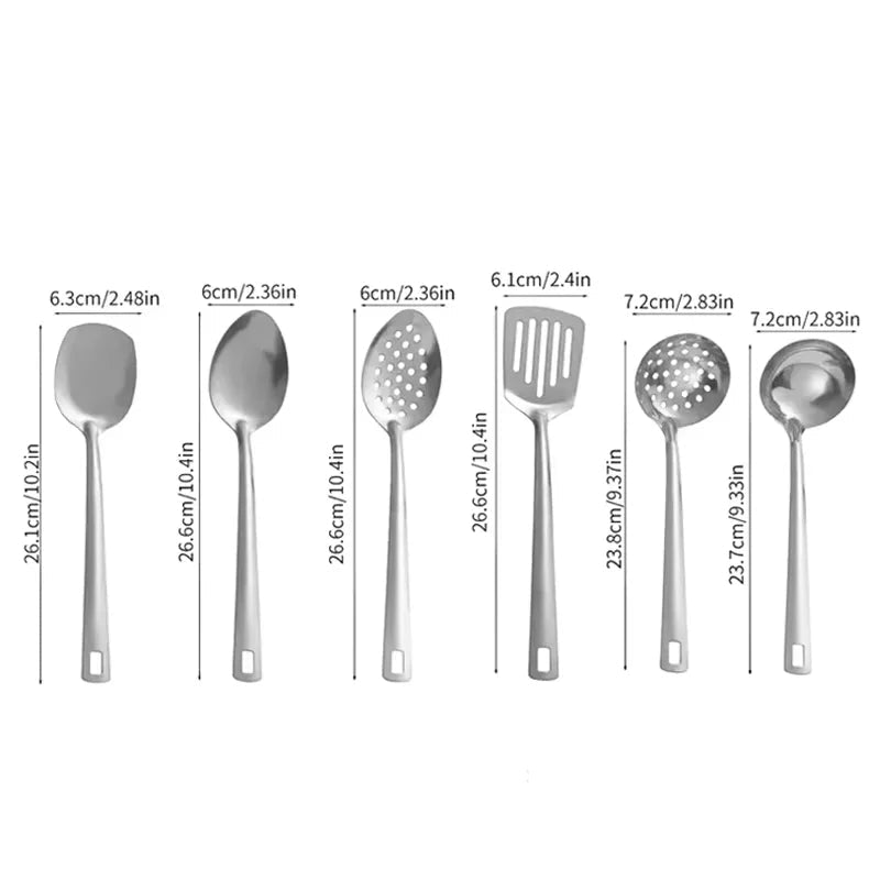 6-Piece Stainless Steel Kitchen Utensil Set – Heat-Resistant with Ergonomic Handles & Hanging Holes, Includes Slotted Spoon, Ladle, Turner, Cooking Spoon & Rice Spoon