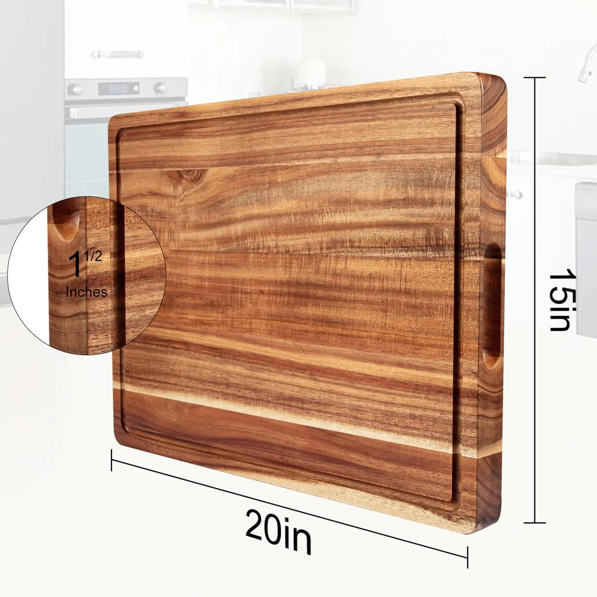 Acacia Wood Chopping Board – Thick Reversible Butcher Block with Juice Groove – Best for Carving, Cheese & Serving – Available in Small & Medium