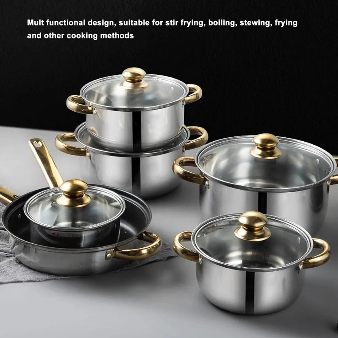 19 Piece Stainless Steel Cookware Set – 6 Pots with Lids, 6 Spatulas & Anti-Scald Clip – Best for Induction, Gas & Everyday Family Cooking