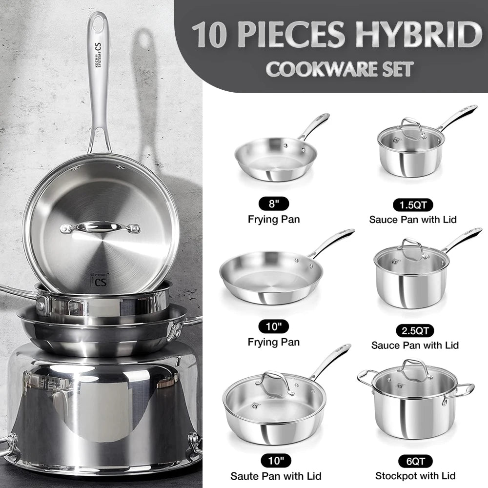 10 Piece Tri-Ply Stainless Steel Cookware Set with Lids – Saucepans, Deep Frying Pan, Casserole & Skillets – Best for Induction & Family Cooking