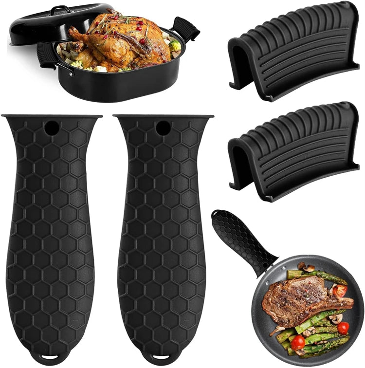 4 Piece Silicone Hot Handle Holder Set – Heat Resistant Pan Handle Covers & Assist Sleeves – Best for Cast Iron Skillets & Hot Pans – Available in Blue, Black & Red Colours