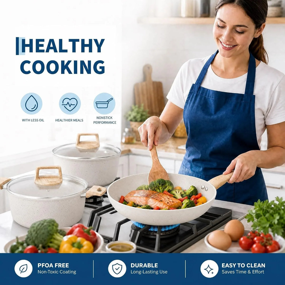 14 Piece Granite Ceramic Pots & Pans Set – PFAS-Free Non-Stick Cookware with Wood-Look Handles, Glass Lids & Pan Protectors – Best for New Homes & Couples – Available in Black & White