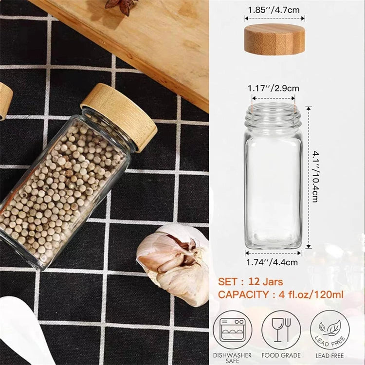 12 Piece Square Glass Spice Jar Set with Labels – 4oz Seasoning Containers – Best for Salt, Herbs, Sugar & Spices