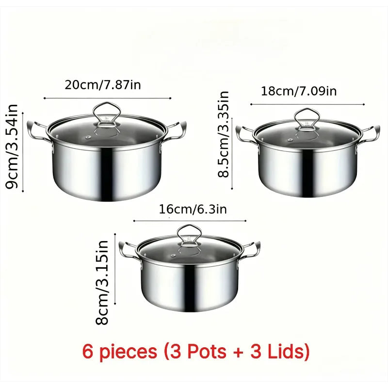 6-Piece Stainless Steel Cookware Set – Nonstick Soup Pots with Lids, 3 Pots & 3 Lids for Everyday Cooking